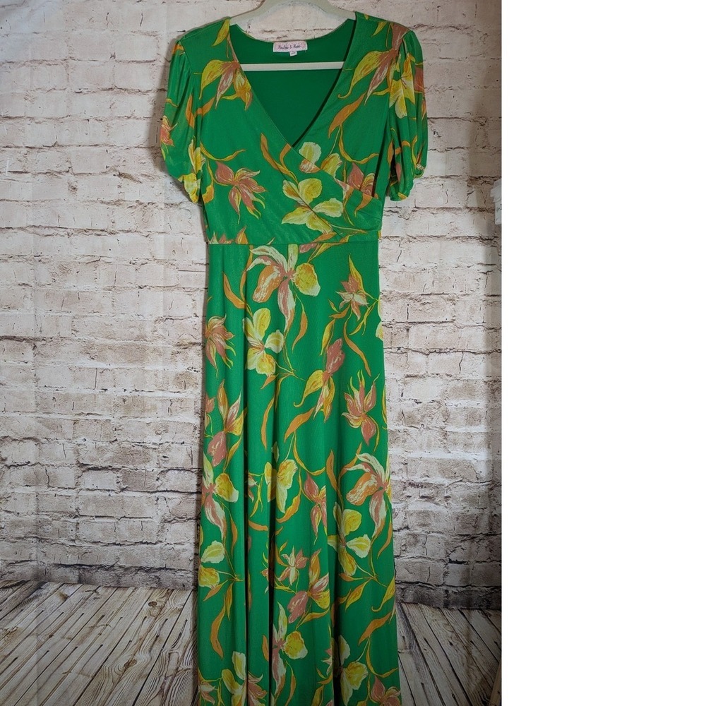 Harlow &‎ Rose Womens Green Floral Mesh Maxi Dress Small Babydoll Short Sleeve
